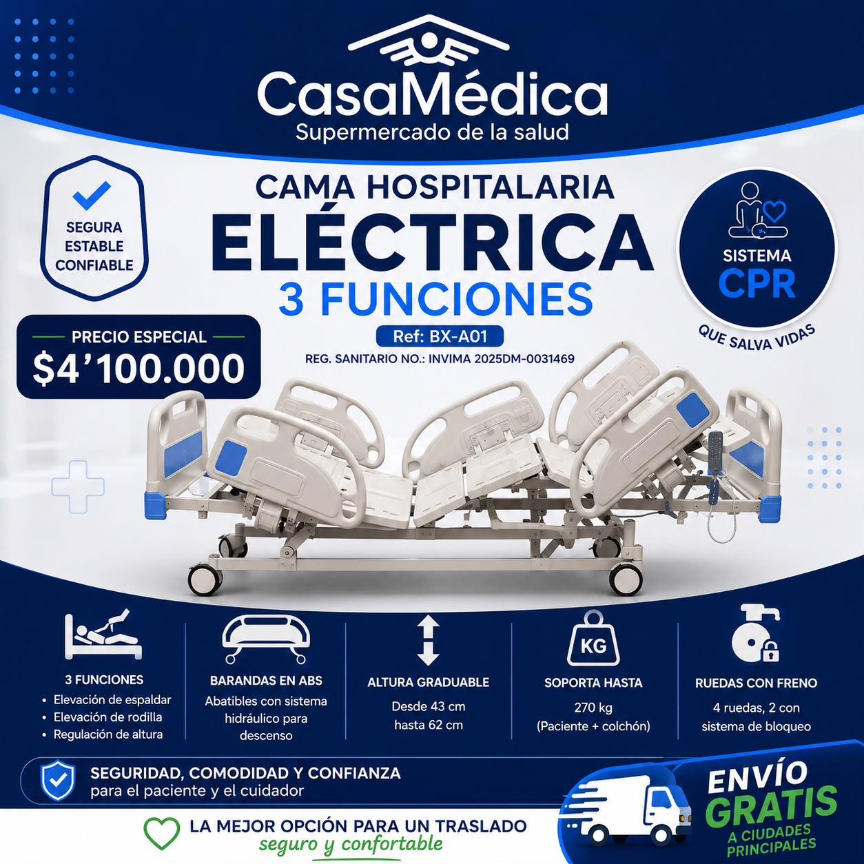 Cama Hospitalaria Eléctrica 3 Funciones