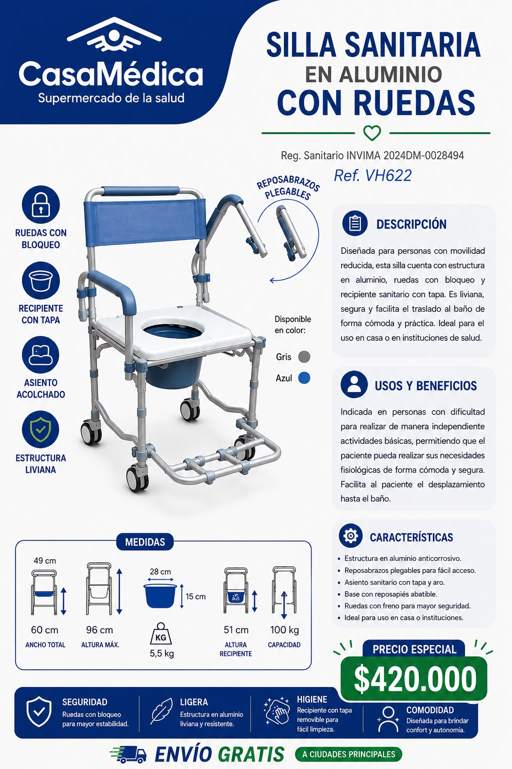 Silla Sanitaria en Aluminio VH622
