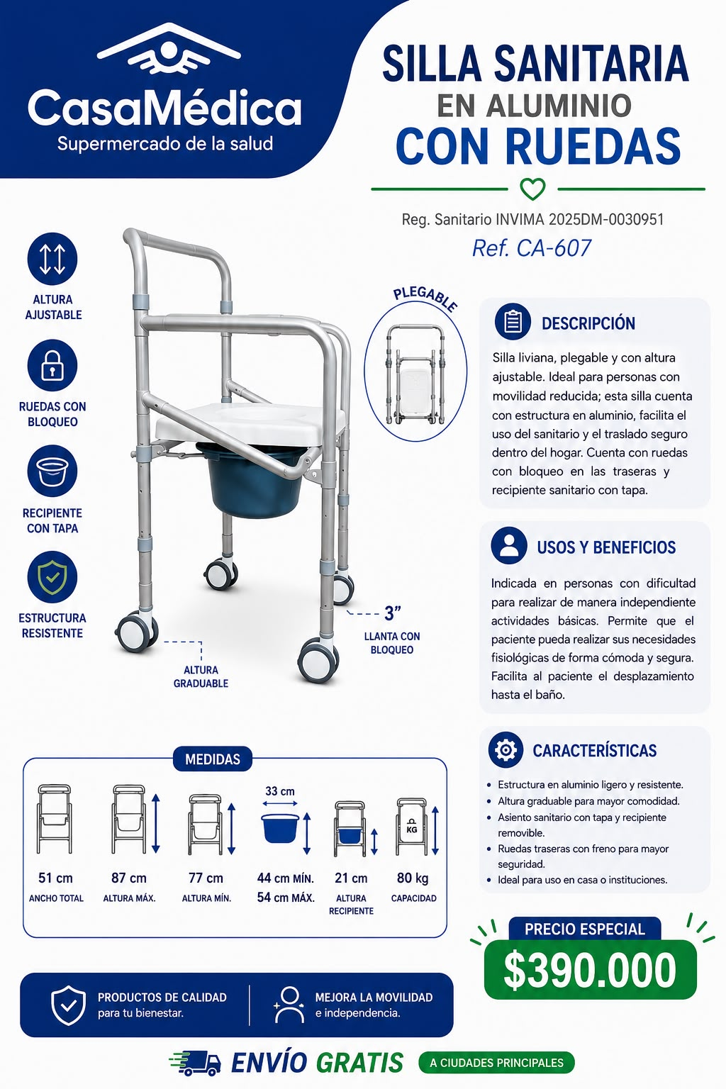 Silla Sanitaria en Aluminio con Ruedas